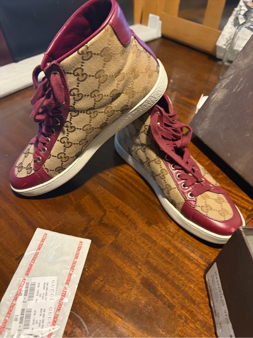 Gucci Beige GG Canvas High-Top Sneakers with Burgundy Trim